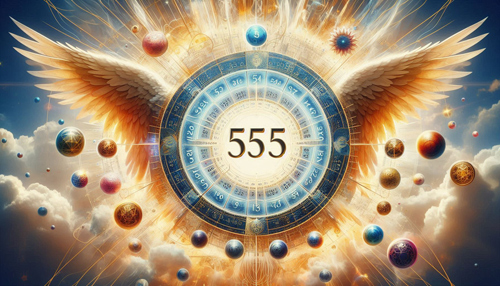 Le nombre 555 entouré d'images lumineuses et angéliques