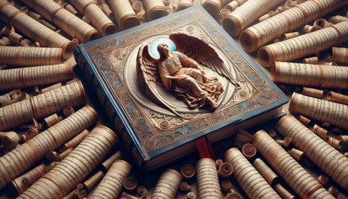Un livre décoré d'un ange et entouré de parchemins anciens