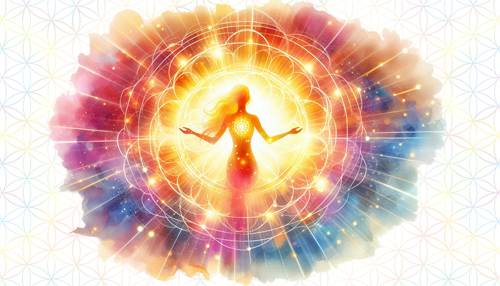 Une silhouette féminine auréolée de vibrations lumineuses.