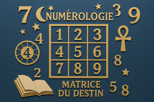 Un tableau de nombres entouré de symboles et d'un livre
