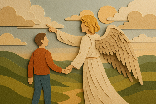 Un jeune homme tient la main d'un ange qui lui montre l'horizon