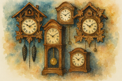 Des pendules et des coucous sur un mur