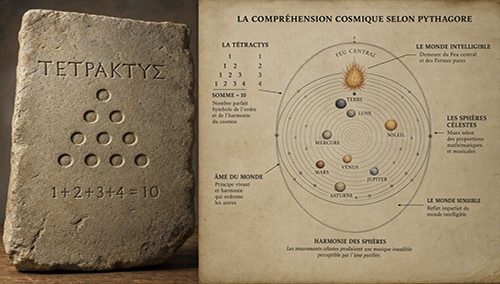 Une tablette en pierre où figure la Tétraktys de Pythagore à coté d'un livre qui explique sa vision de l'Univers.